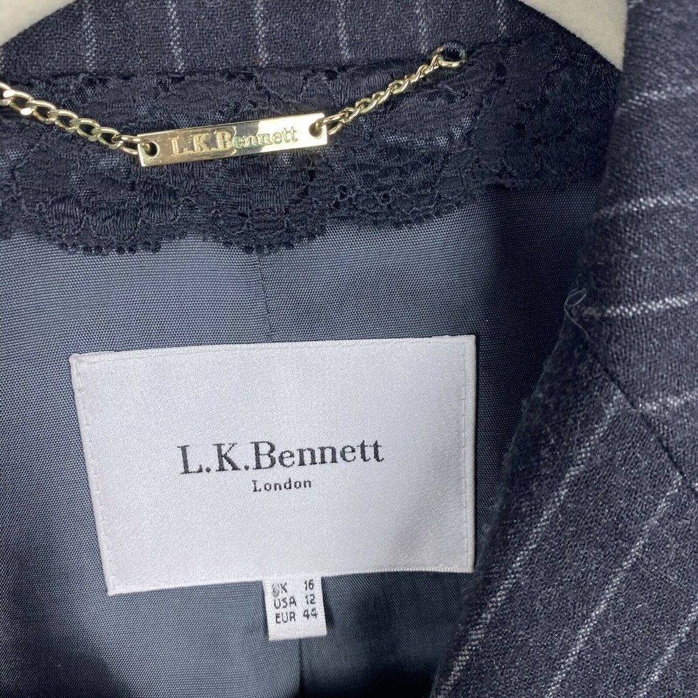 L.K. Bennett Womens Blazer Wool Gray Pinstripe One Button Size 12 Notched Collar - Picture 4 of 7